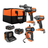 RIDGID 18V Brushless Cordless 3‑Tool Combo Kit with Hammer Drill, Impact Driver, Digital Inflator, (2) Batteries, Charger & Bag