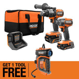 RIDGID 18V Brushless Cordless 3-Tool Combo Kit w/ Hammer Drill, Impact Driver, Digital Inflator, Batteries, Charger & Bag