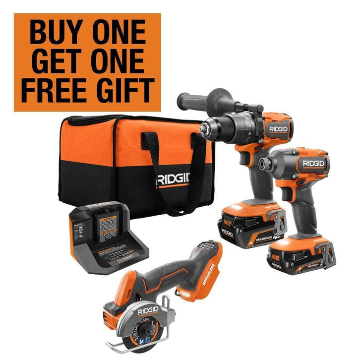 RIDGID 18V Brushless Cordless 2-Tool Combo Kit w/ Hammer Drill, Impact Driver, Saw, Batteries, Charger, & Bag