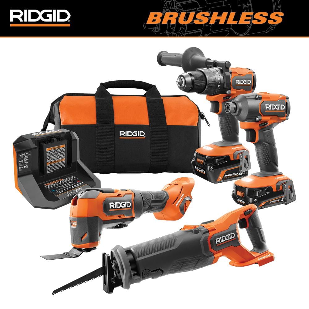 RIDGID 18V Lithium-Ion Brushless 4-Tool Combo Kit with (1) 2.0Ah & (1) 4.0Ah MAX Output Batteries, Charger, Bag + Free OCTANE Impact Wrench