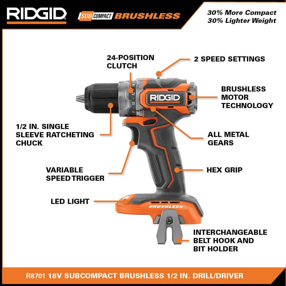 RIDGID 18V Brushless SubCompact Drill/Driver and Impact Driver Combo Kit with (2) 2.0Ah Batteries, Charger and Bag
