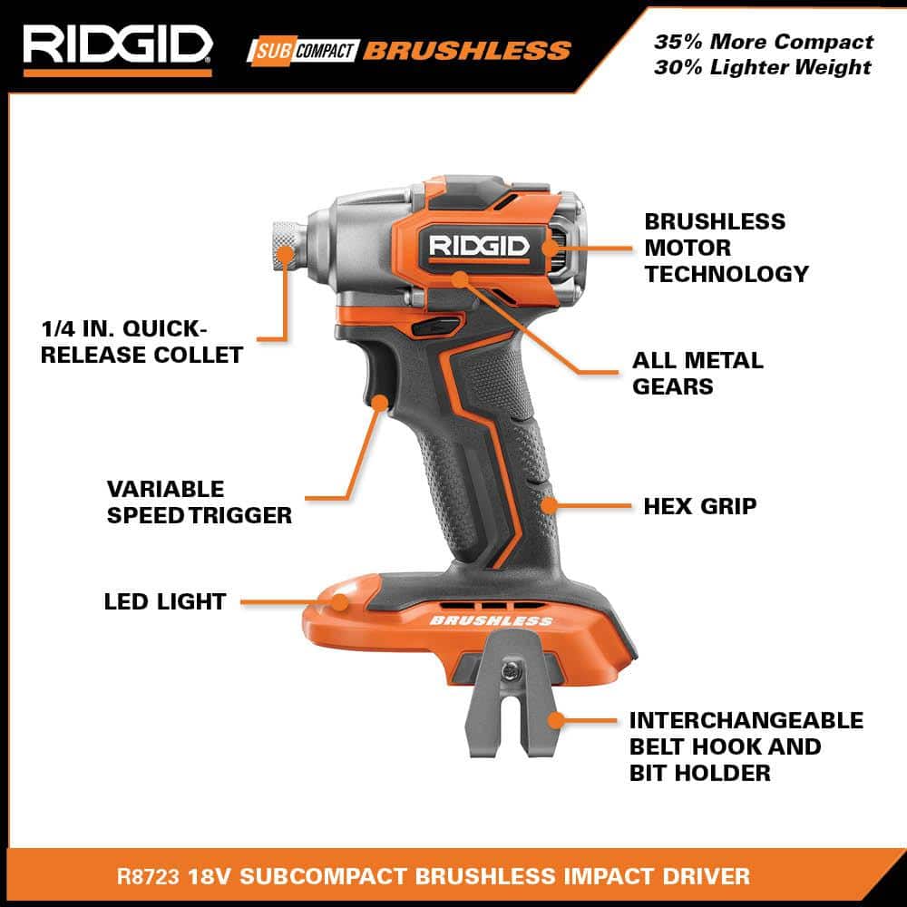 RIDGID 18V Brushless SubCompact Drill/Driver and Impact Driver Combo Kit with (2) 2.0Ah Batteries, Charger and Bag