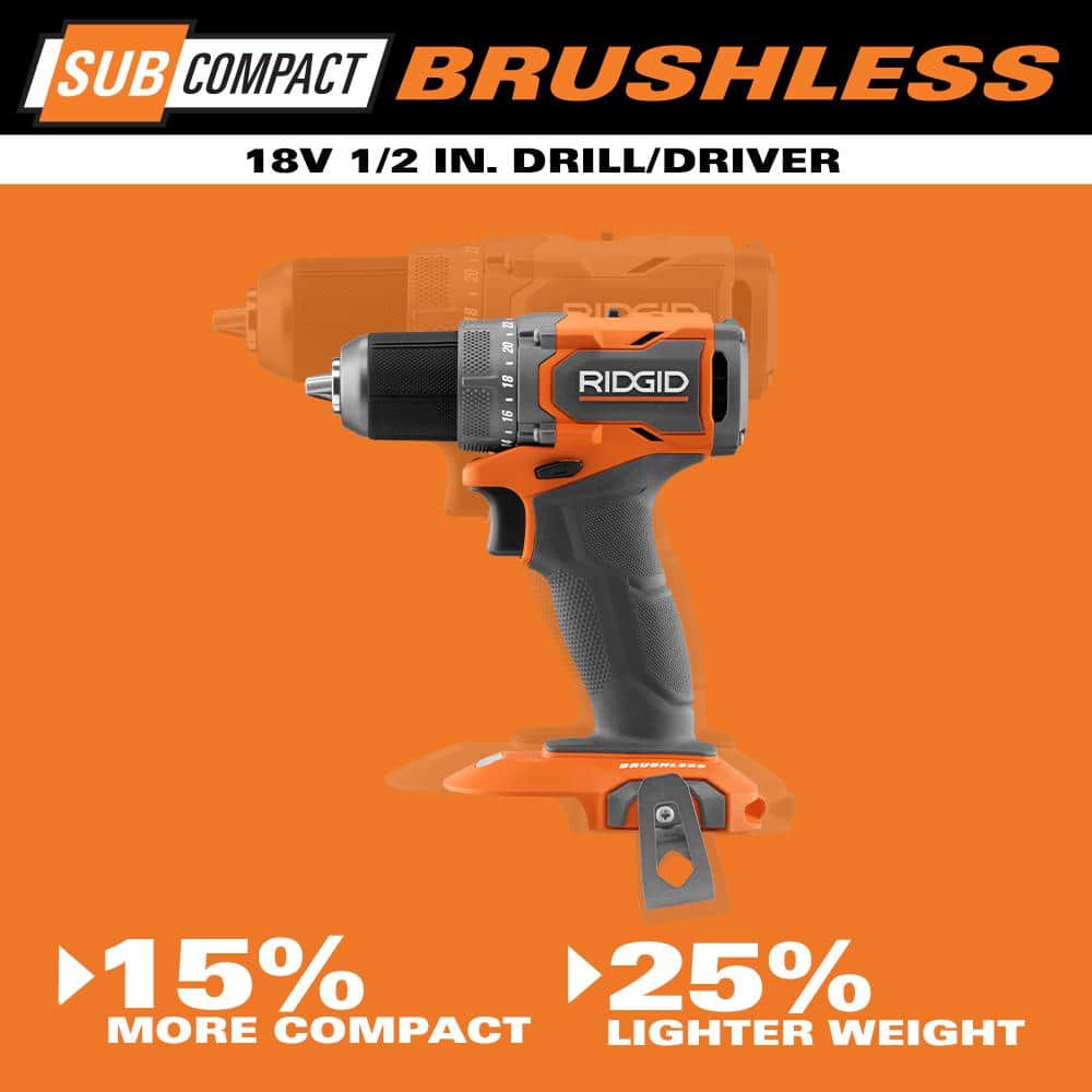 RIDGID 18V SubCompact Brushless 2-Tool Combo Kit with Drill/Driver, Impact Driver, (2) 2.0 Ah Batteries, Charger, and Tool Bag