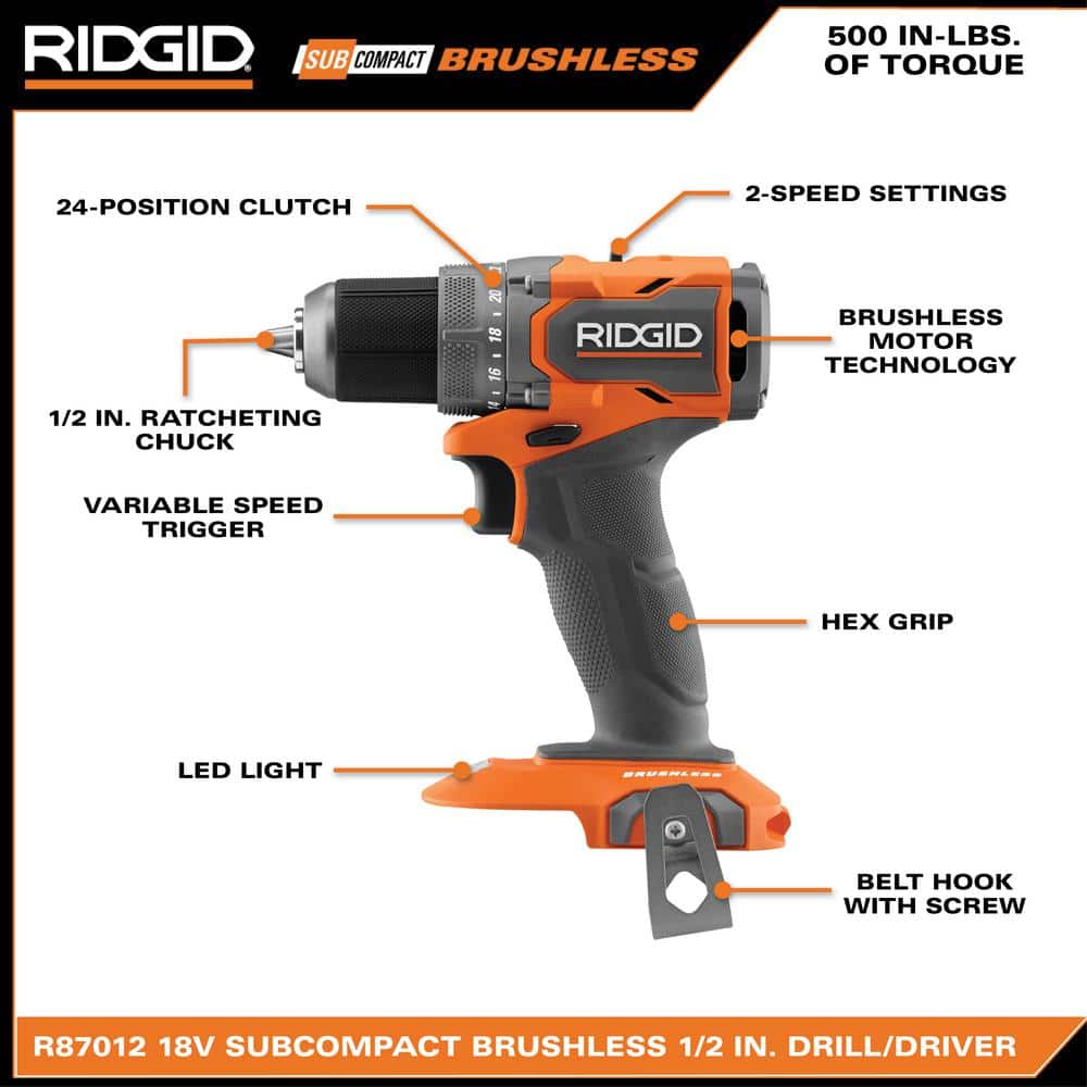 RIDGID 18V SubCompact Brushless 2-Tool Combo Kit with Drill/Driver, Impact Driver, (2) 2.0 Ah Batteries, Charger, and Tool Bag