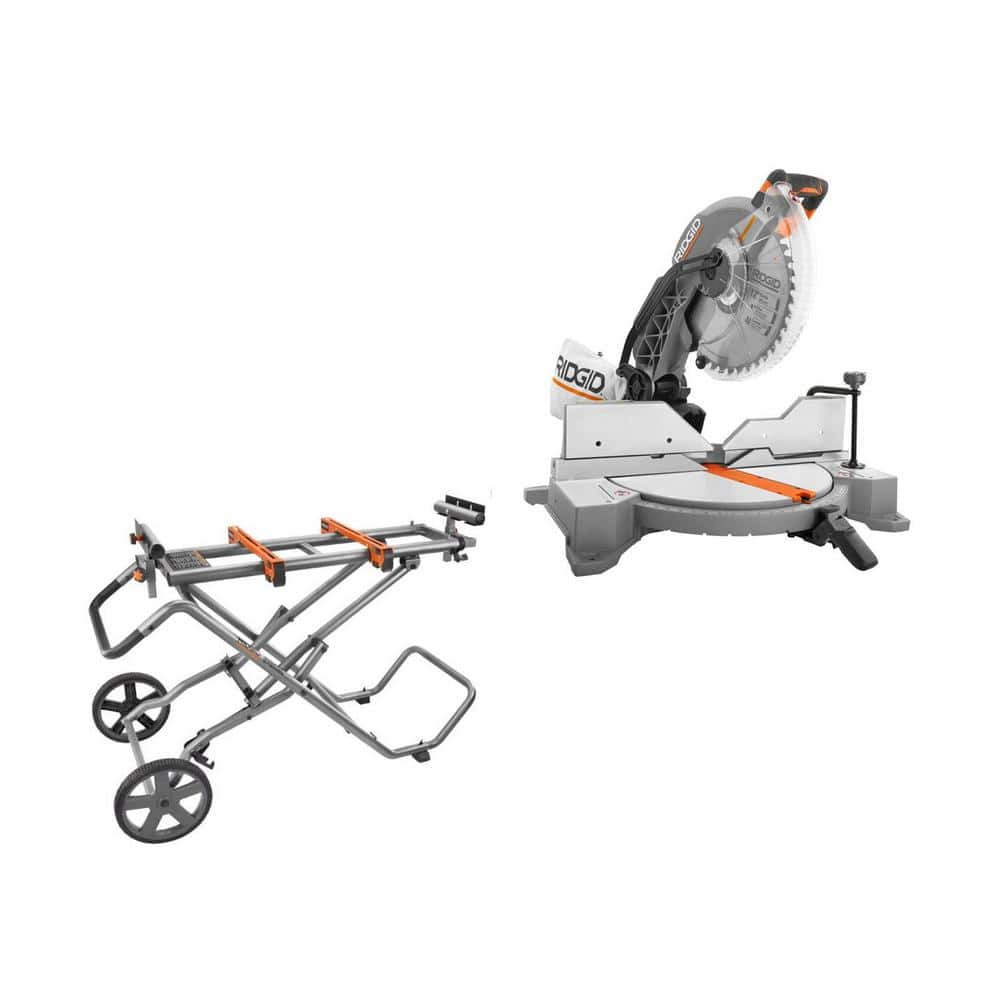 RIDGID 15 Amp Corded 12 in. Dual Bevel Miter Saw with LED + Universal Mobile Miter Saw Stand with Mounting Braces