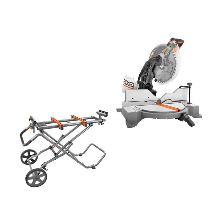 RIDGID 15 Amp Corded 12 in. Dual Bevel Miter Saw with LED + Universal Mobile Miter Saw Stand with Mounting Braces