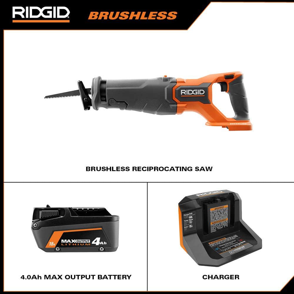 RIDGID 18V Brushless Cordless Reciprocating Saw Kit with (1) 4.0 Ah Battery and Charger