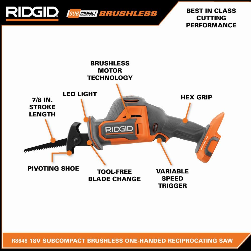 RIDGID 18V SubCompact Brushless Cordless One-Handed Reciprocating Saw Kit with 2.0 Ah Battery and Charger