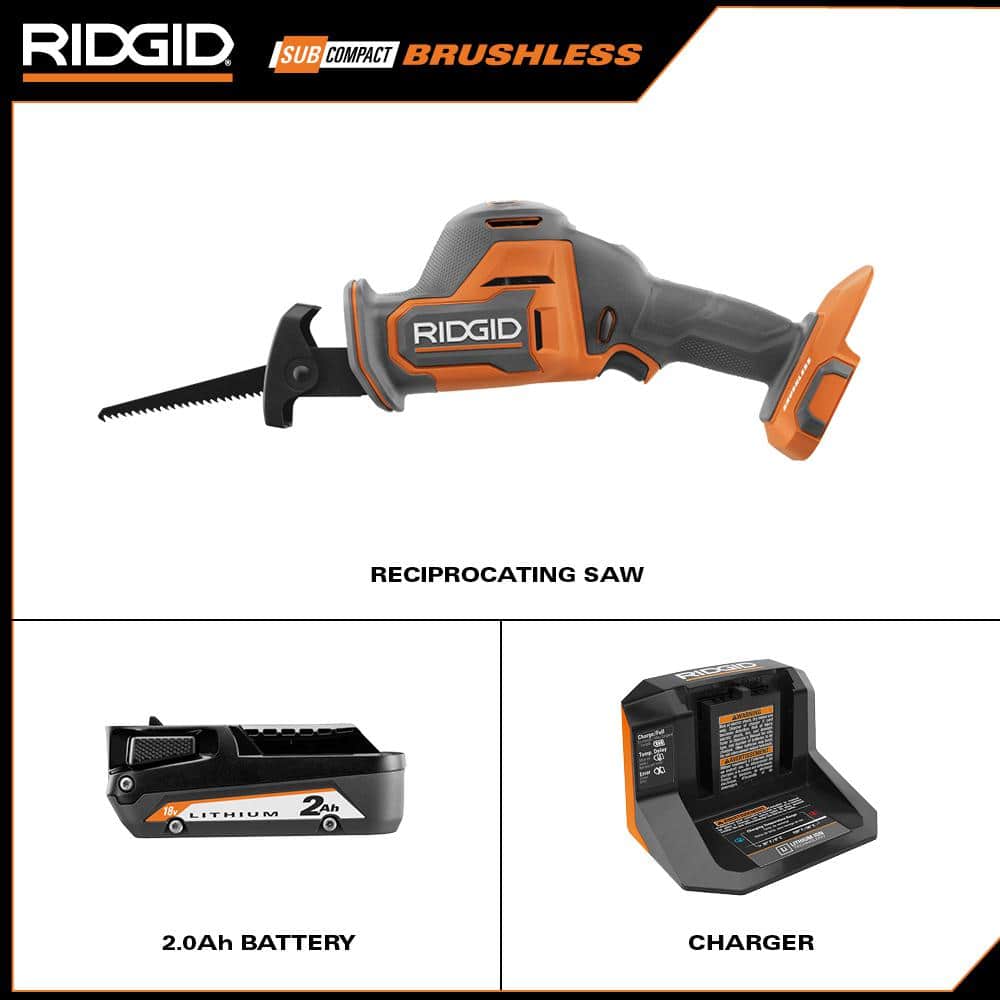 RIDGID 18V SubCompact Brushless Cordless One-Handed Reciprocating Saw Kit with 2.0 Ah Battery and Charger