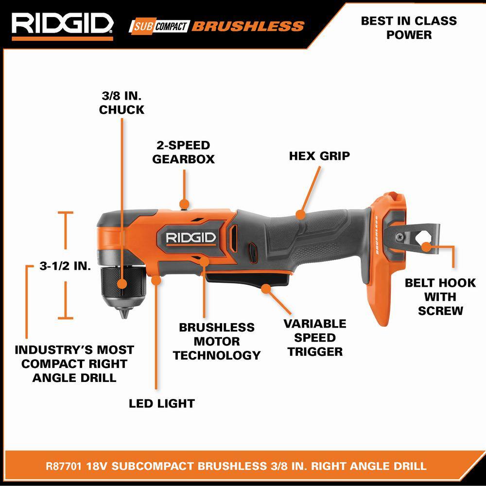RIDGID 18V SubCompact Brushless Cordless 3/8 in. Right Angle Drill with (2) 2.0 Ah Compact Lithium-Ion Batteries
