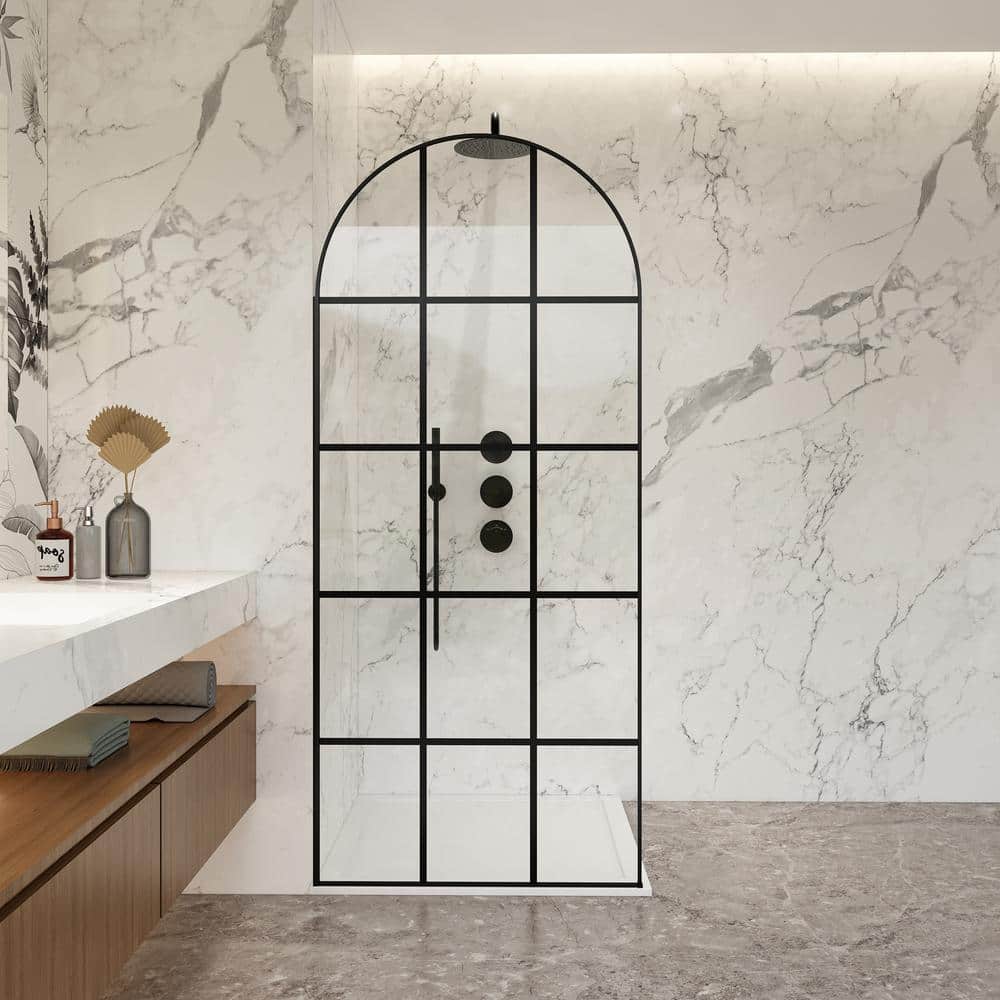 ROSWELL Aranaz 34 in. W x 78 in. H Fixed Single Panel Framed Shower Door in Matte Black with Clear Glass