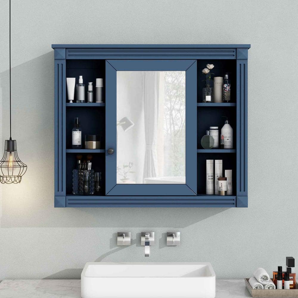 Miscool Ami 35 in. W x 7.1 in. D x 28.7 in. H Rectangular Bathroom Storage Medicine Cabinet with Mirror In Blue