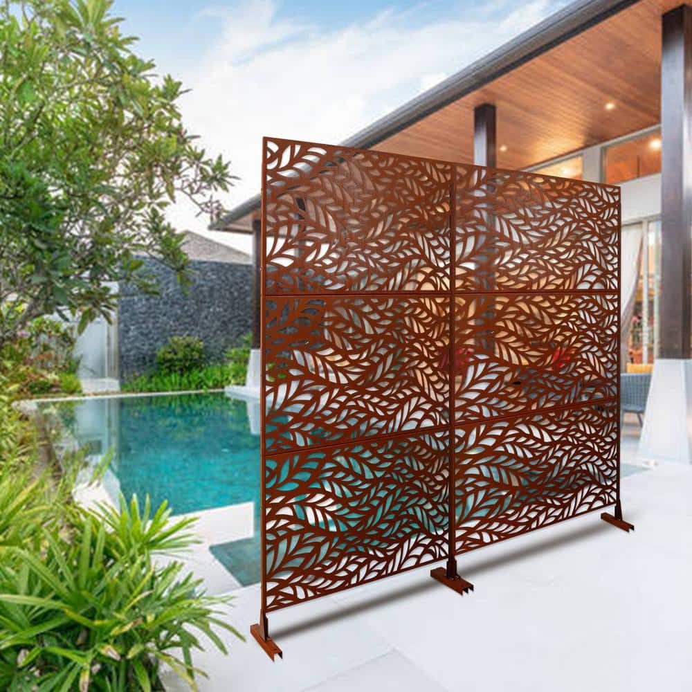 Runesay Outdoor 76 in. H x 48 in. W Metal Privacy Screen in Rust Red for Deck Balcony Patio