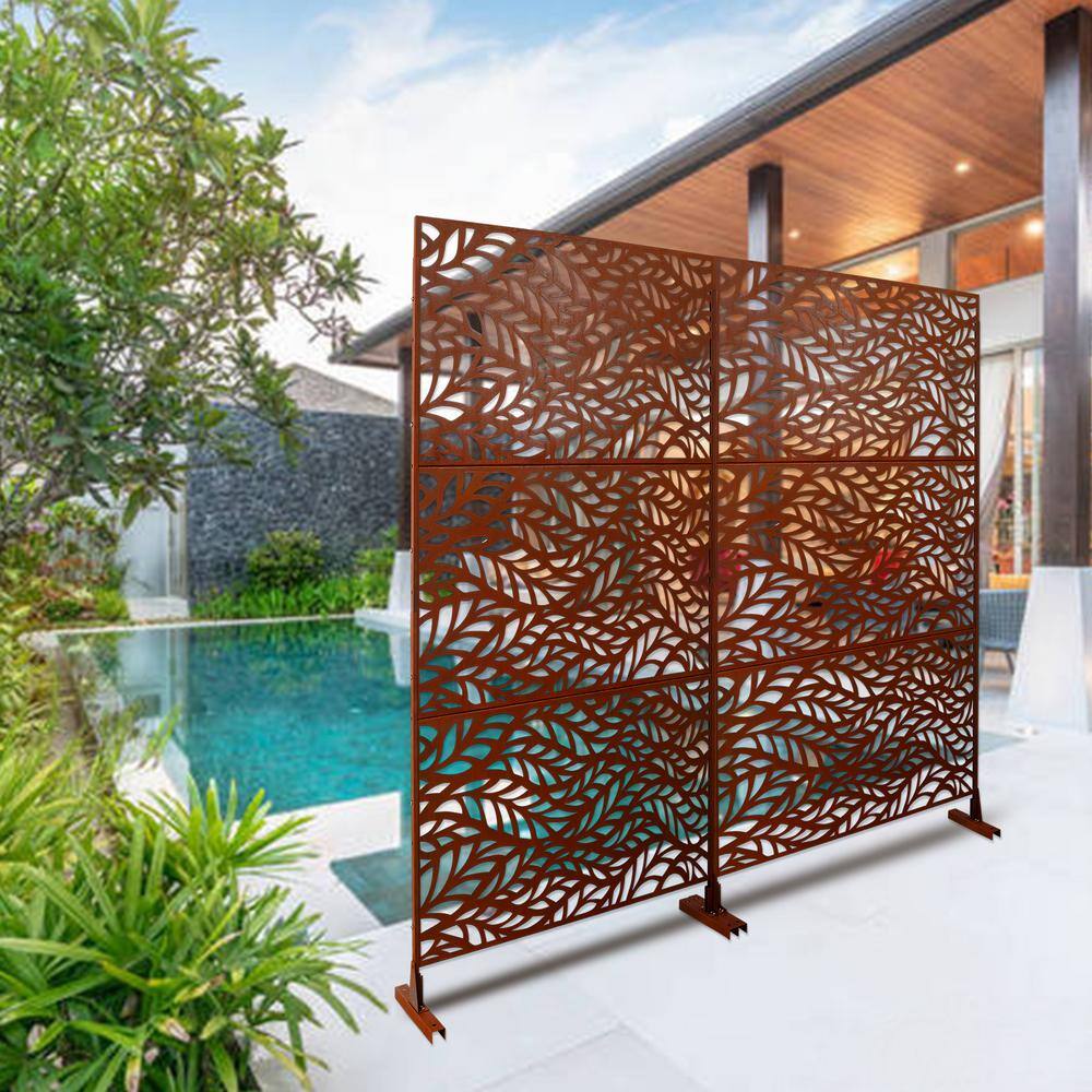 Sudzendf 76"Hx48"W Rust Red Outdoor & Indoor Metal Privacy Screen, Freestanding Decorative Privacy Screen for Deck Balcony Patio