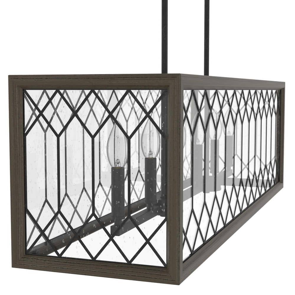 Hunter Chevron 6-Light Rustic Iron Billiard Chandelier with Clear Seeded Glass Shade