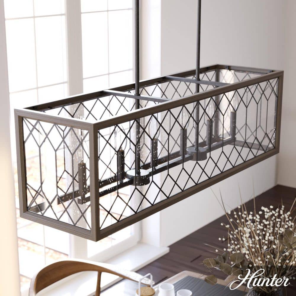 Hunter Chevron 6-Light Rustic Iron Billiard Chandelier with Clear Seeded Glass Shade