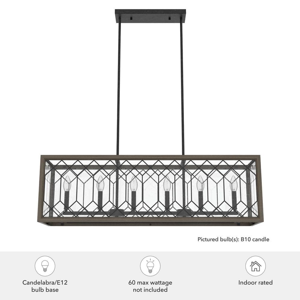 Hunter Chevron 6-Light Rustic Iron Billiard Chandelier with Clear Seeded Glass Shade