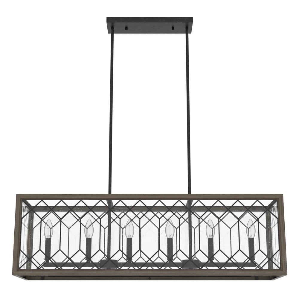 Hunter Chevron 6-Light Rustic Iron Billiard Chandelier with Clear Seeded Glass Shade