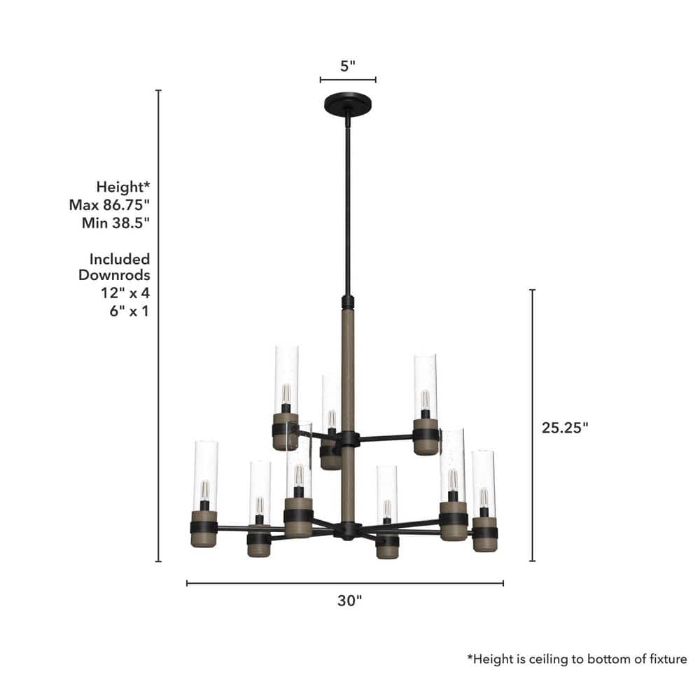 Hunter River Mill 9-Light Rustic Iron Candlestick Chandelier with Clear Seeded Glass Shades