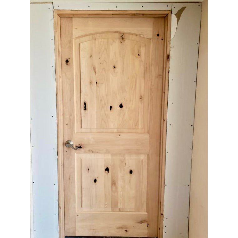 Krosswood Doors 30 in. x 80 in. Knotty Alder 2-Panel Top Rail Arch with V-Groove Solid Wood Core Interior Door Slab
