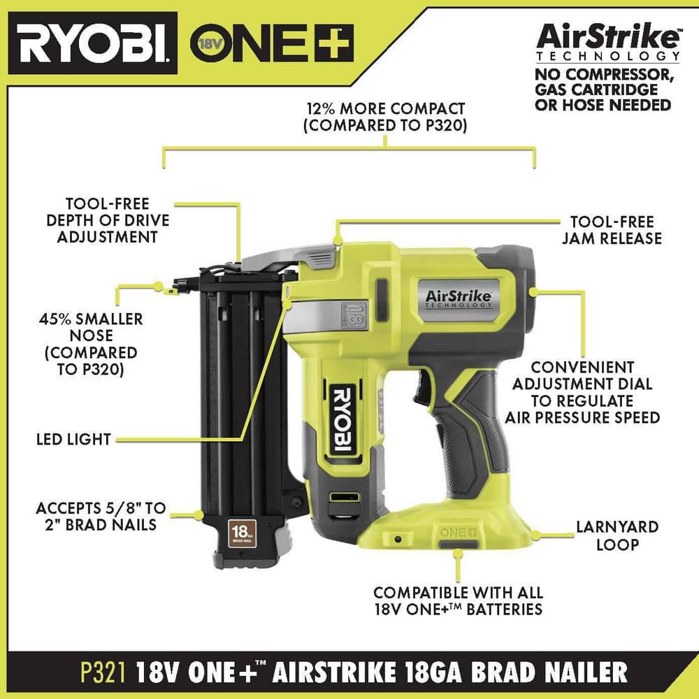RYOBI ONE+ 18V 18-Gauge Cordless AirStrike Brad Nailer with Cordless Jig Saw