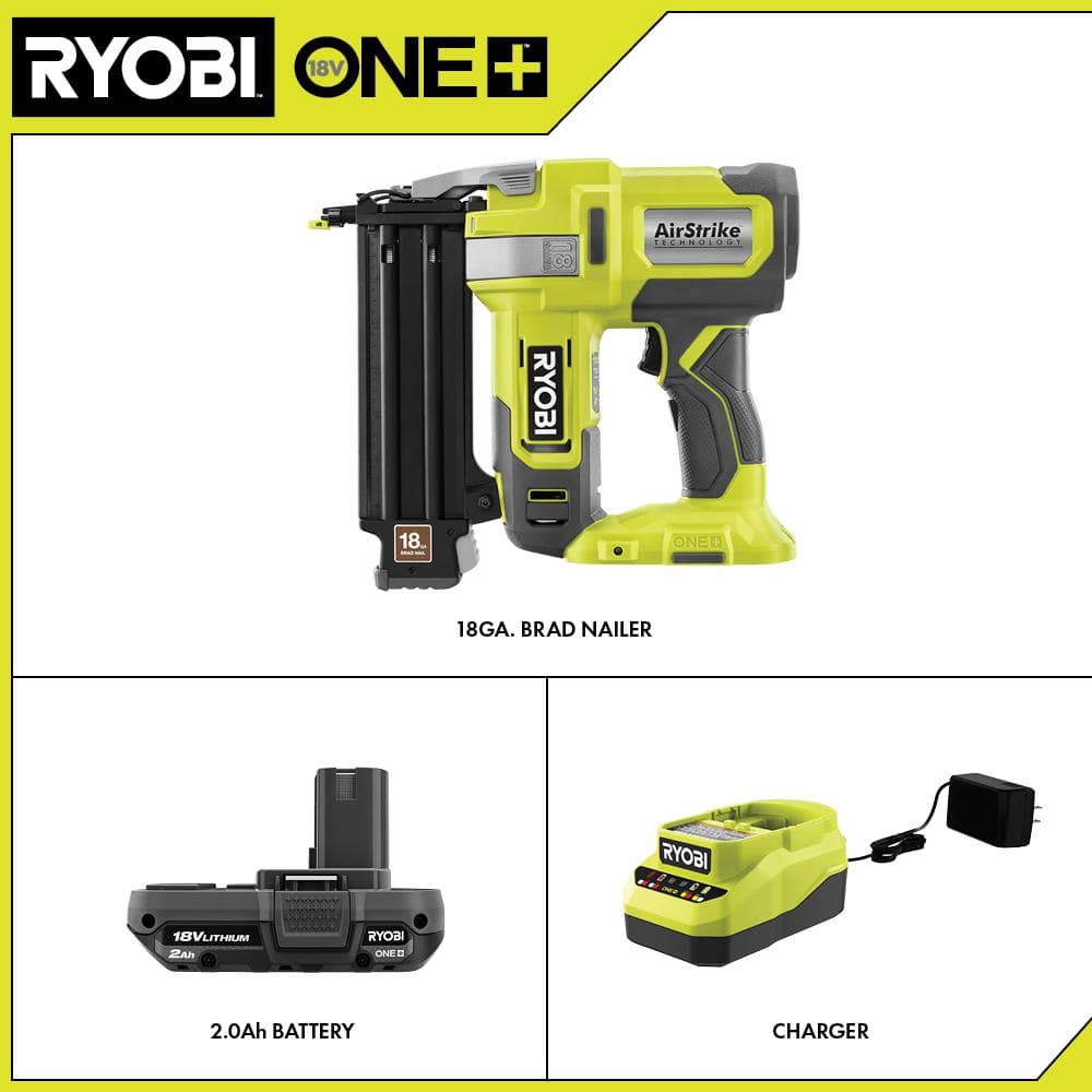 RYOBI ONE+ 18V Cordless 18-Gauge Brad Nailer Kit with 2.0 Ah Compact Battery and Charger