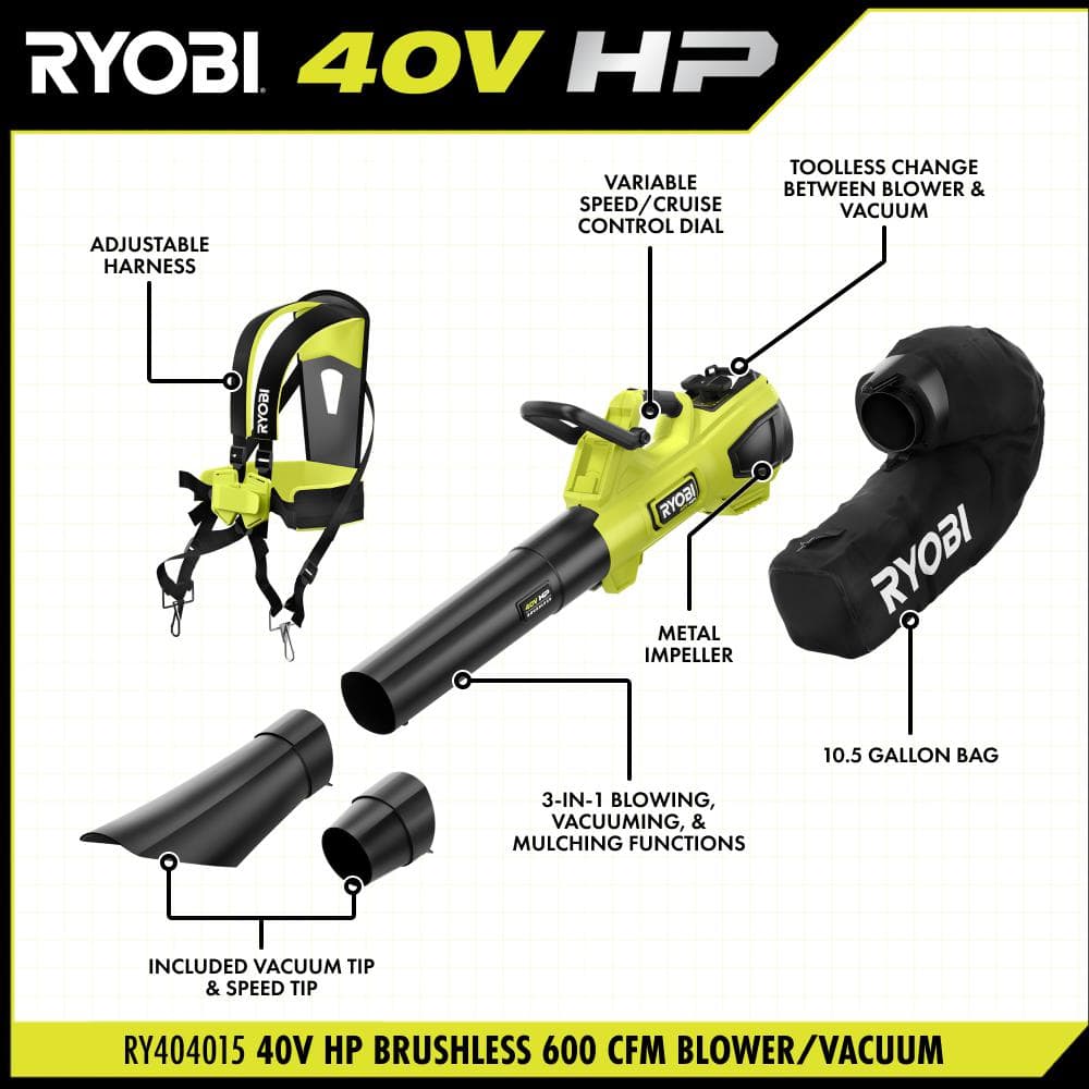 RYOBI 40V HP Brushless 100 MPH 600 CFM Cordless Leaf Blower/Mulcher/Vacuum with (2) 4.0 Ah Batteries and Charger