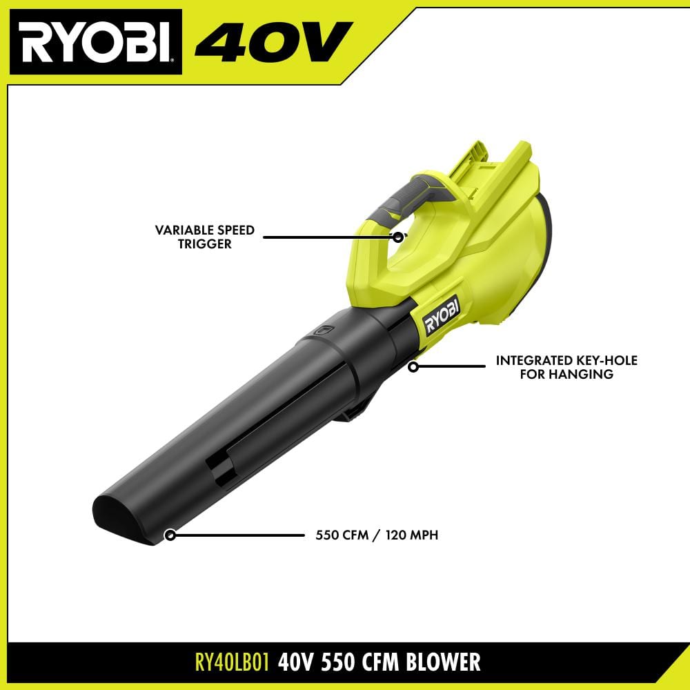 RYOBI 40V 120 MPH 550 CFM Cordless Battery Blower With 4.0 Ah Battery and Charger