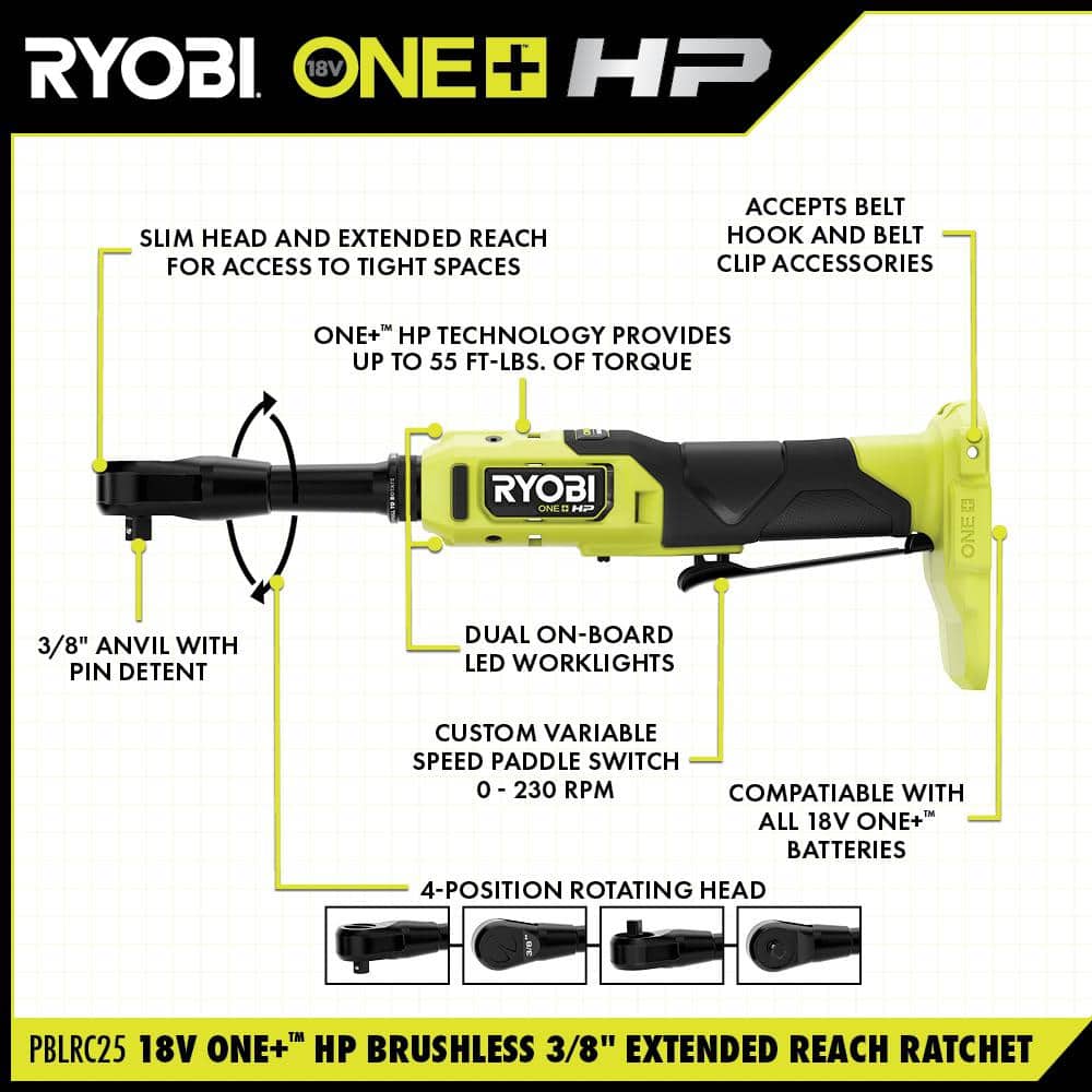 RYOBI ONE+ HP 18V Brushless Cordless 1/4 in. and 3/8 in. Extended Reach Ratchets (Tools Only)