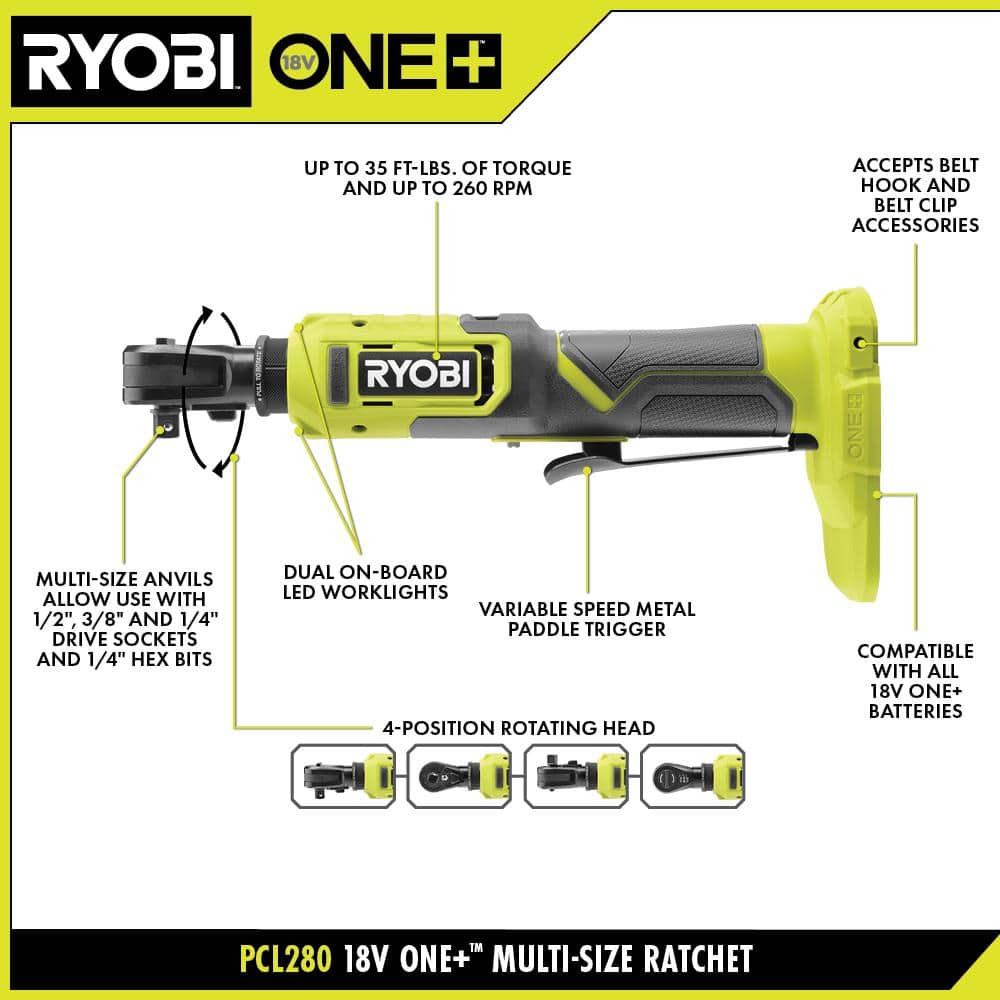 RYOBI ONE+ 18V Cordless Multi Size Ratchet Kit with 1.5 Ah Battery and Charger