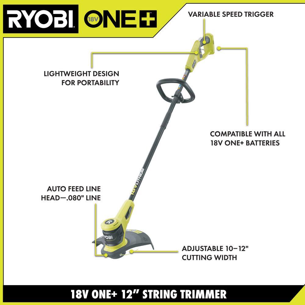 RYOBI ONE+ 18V Lithium-Ion Cordless 12 in. String Trimmer with 2.0 Ah Battery and Charger (P20100)