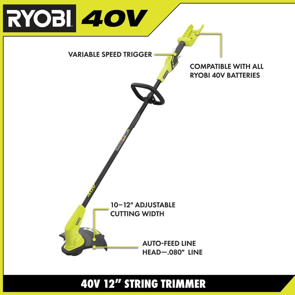 RYOBI 40V Lithium-Ion Cordless String Trimmer – 2.0 Ah Battery and Charger Included (12 in.)
