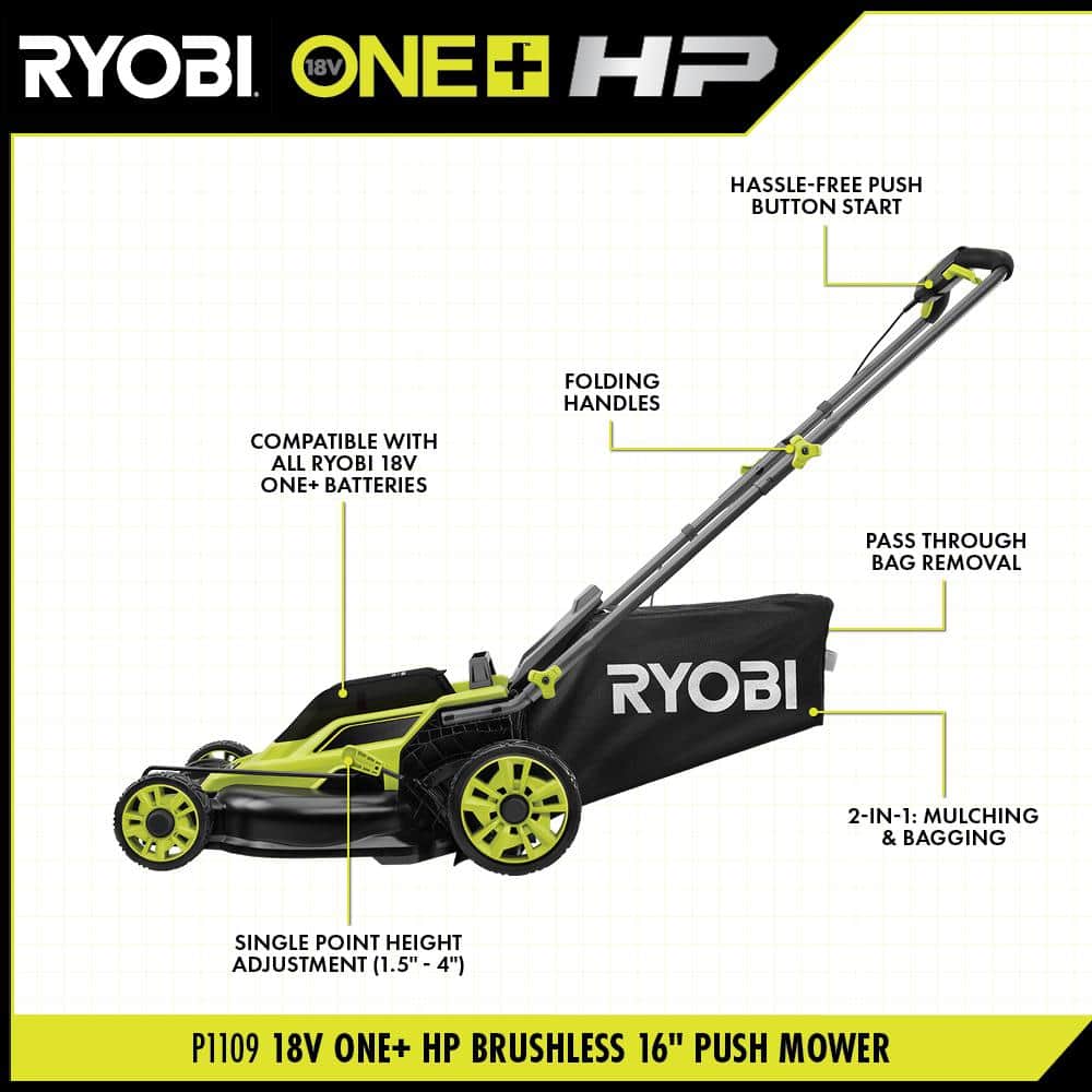 RYOBI ONE+ HP 18V Brushless 16 in. Cordless Battery Walk Behind Push Lawn Mower (Tool Only)
