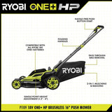 RYOBI ONE+ HP 18V Brushless 16 in. Cordless Battery Push Lawn Mower, String Trimmer & Blower w/(3) Batteries & (2) Chargers