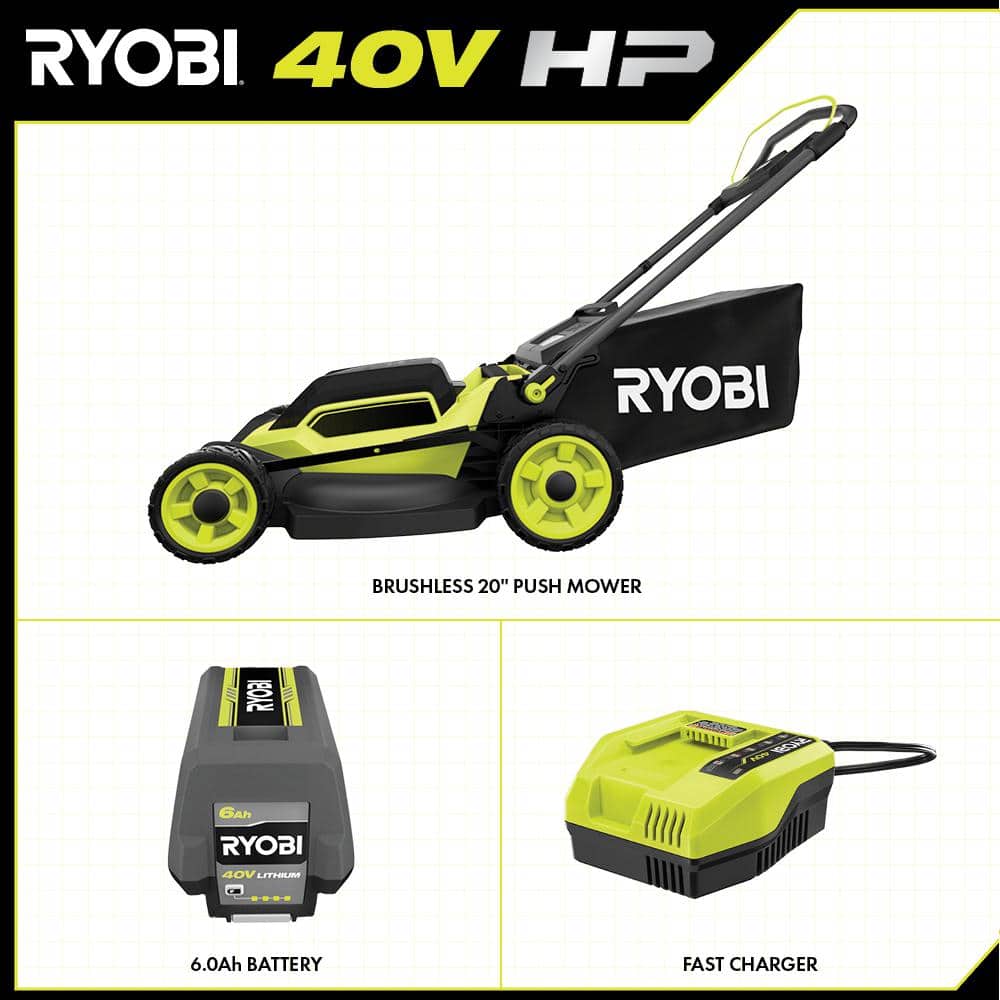 RYOBI 40V HP Brushless 20 in. Cordless Battery Walk Behind Push Mower with 6.0 Ah Battery and Charger