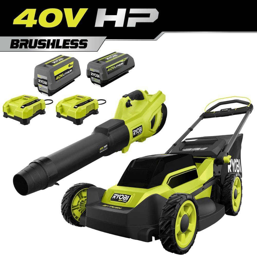 RYOBI 20 in. 40V HP Brushless Cordless Push Lawn Mower & 650 CFM Blower Kit with 6.0 Ah Battery, 4.0 Ah Battery & Fast Chargers
