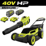 RYOBI 20 in. 40V HP Brushless Cordless Push Lawn Mower & 650 CFM Blower Kit with 6.0 Ah Battery, 4.0 Ah Battery & Fast Chargers