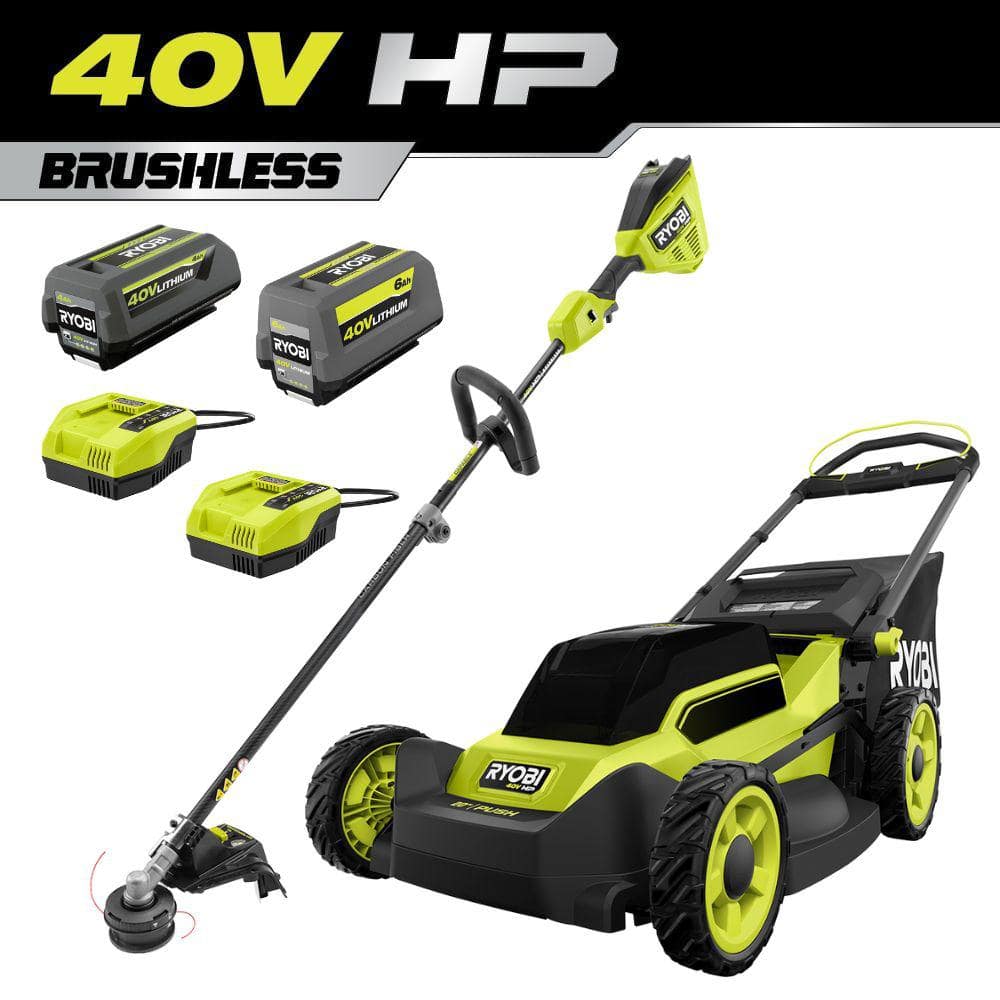 RYOBI 40V HP Brushless 20 in. Whisper Series Cordless Walk-Behind Multi-Blade Push Mower w/ (2) 6.0 Ah Batteries & Charger
