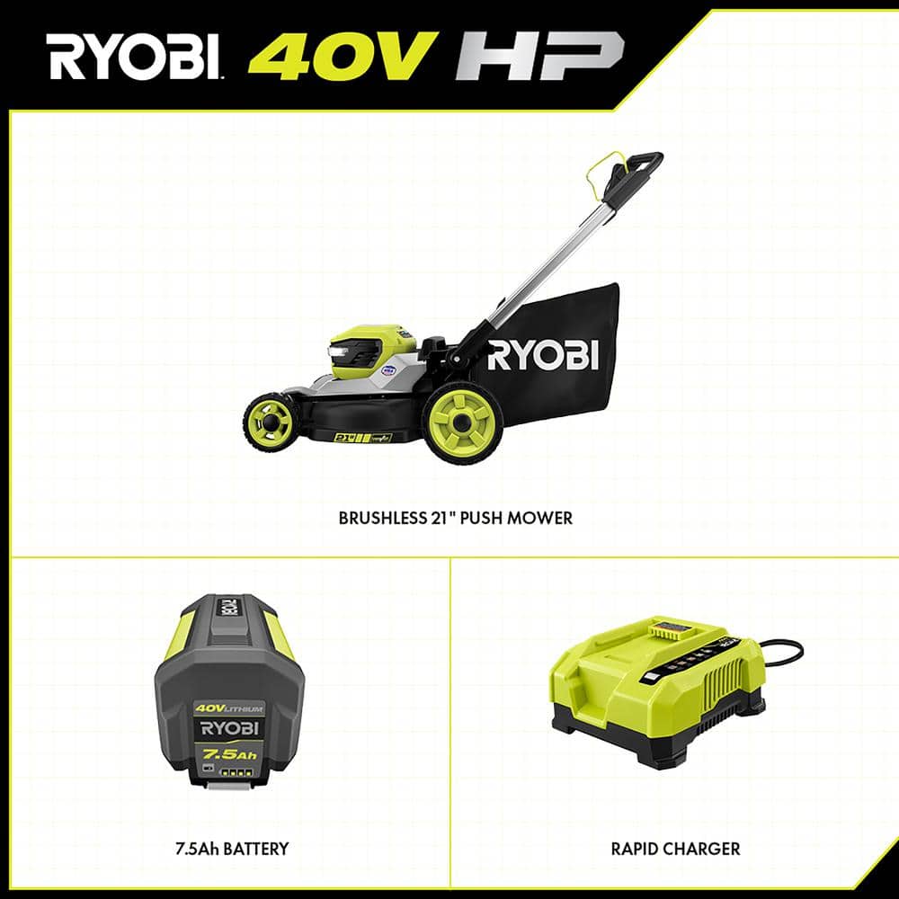 RYOBI 40V HP Brushless 21 in. Battery Walk Behind Multi-Blade Push Lawn Mower with 7.5 Ah Battery and Rapid Charger
