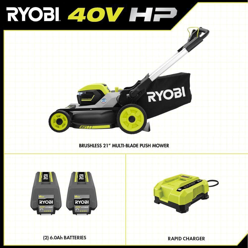 RYOBI 40-Volt HP Brushless 21 in. Whisper Series Cordless Walk-Behind Multi-Blade Push Mower - (2) 6.0 Ah Batteries & Charger
