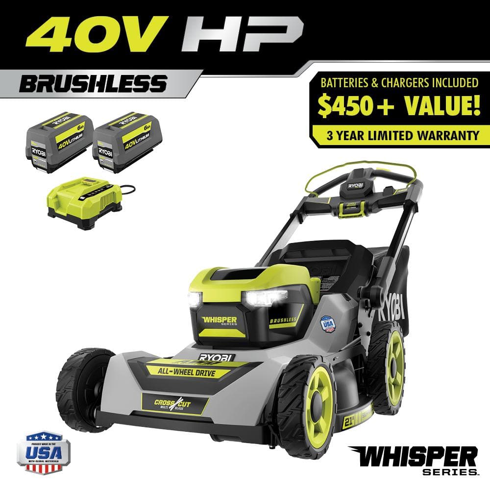 RYOBI 40-Volt HP Brushless 21 in. Whisper Series Cordless Walk-Behind Multi-Blade Push Mower - (2) 6.0 Ah Batteries & Charger