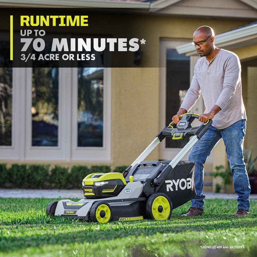 RYOBI 40-Volt HP Brushless 21 in. Whisper Series Cordless Walk-Behind Multi-Blade Push Mower - (2) 6.0 Ah Batteries & Charger