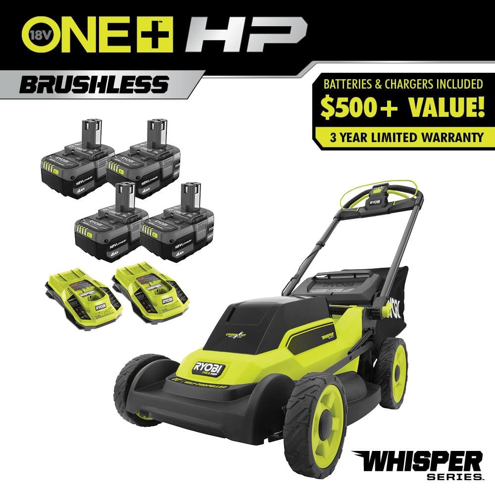 RYOBI ONE+ 18V HP Brushless Whisper Series 20" Self-Propelled Multi-Blade Walk Behind Mower - (4) 4.0 Batteries & (2) Chargers