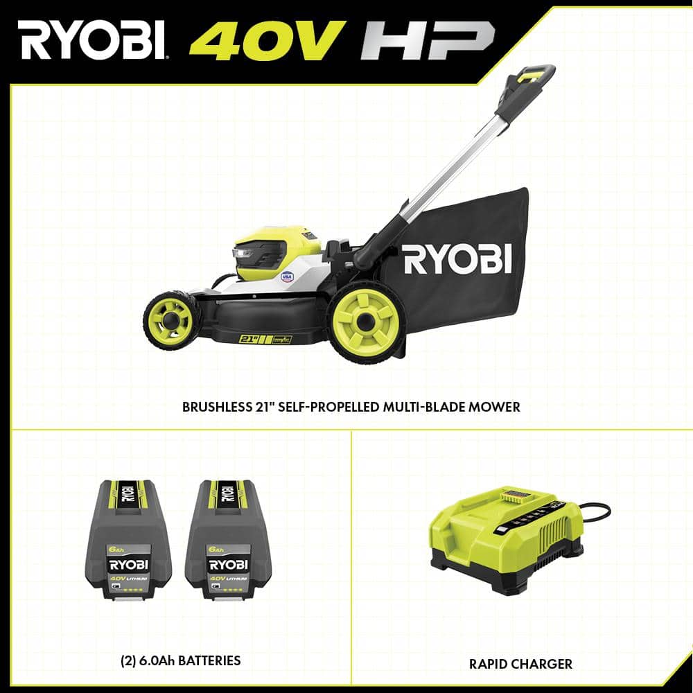 RYOBI 40V HP Brushless 21 in. Cordless Battery Walk Behind Multi-Blade Self-Propelled Mower - (2) 6.0 Ah Batteries & Charger