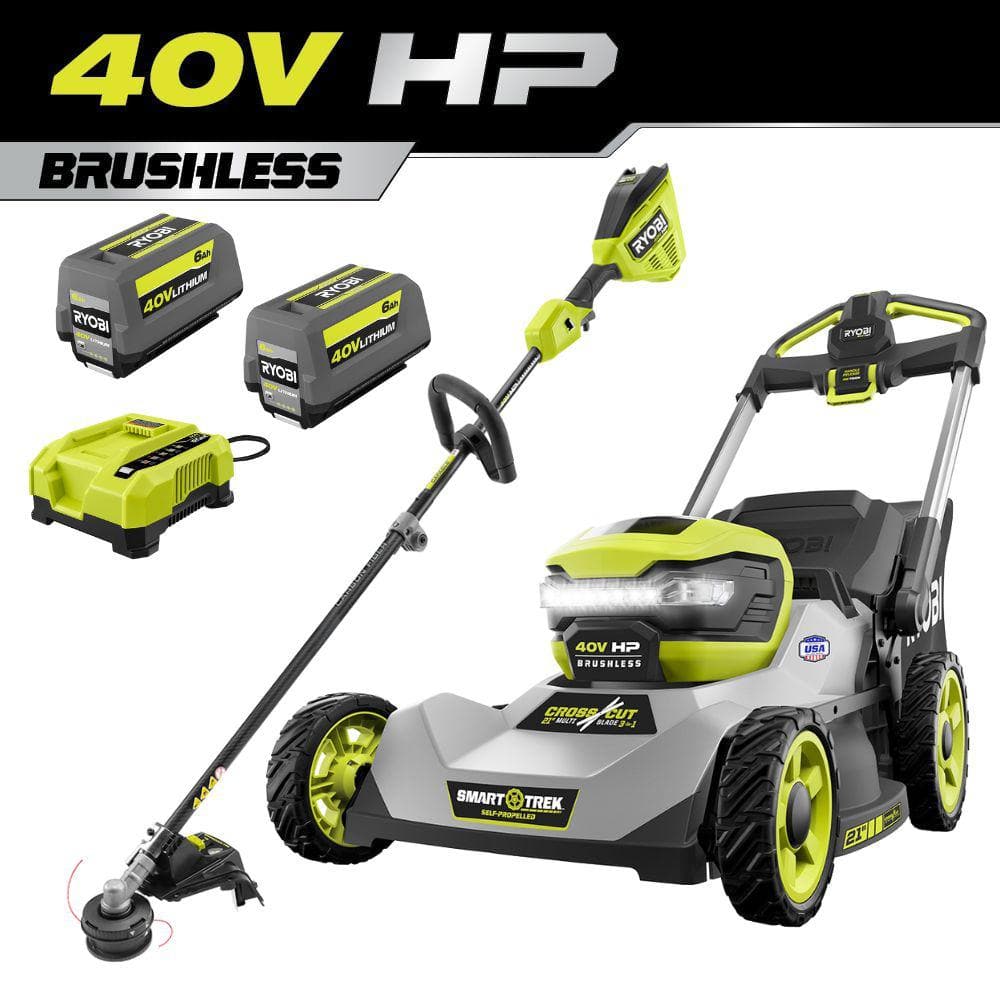 RYOBI 40-Volt HP Brushless 21 in. Cordless Walk Behind Multi-Blade Self-Propelled Mower & Trimmer - 2 Batteries and 2 Chargers