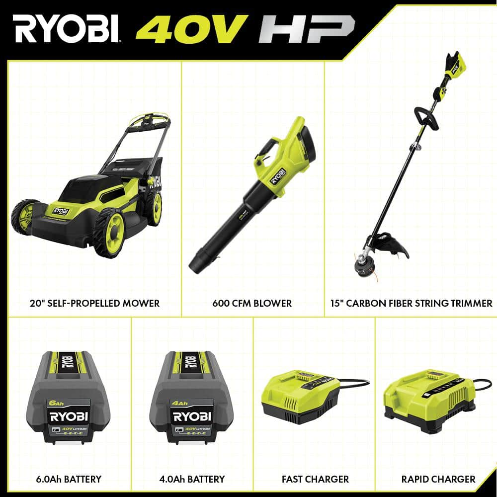 RYOBI 40V HP Brushless 20 in. Cordless Battery Walk Behind Self-Propelled Mower, Trimmer, Blower with Batteries and Chargers