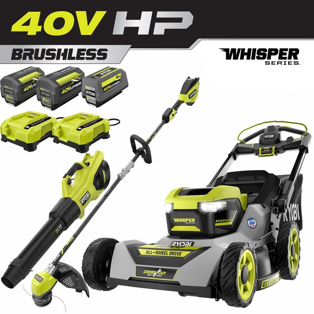 RYOBI 40V HP Brushless Whisper Series 21" Walk Behind Self-Propelled All Wheel Drive Mower, Trimmer/Blower/Batteries/Chargers
