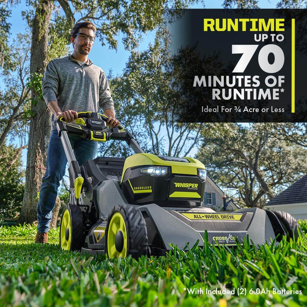 RYOBI 40V HP Brushless Whisper Series 21" Walk Behind Self-Propelled All Wheel Drive Mower, Trimmer/Blower/Batteries/Chargers