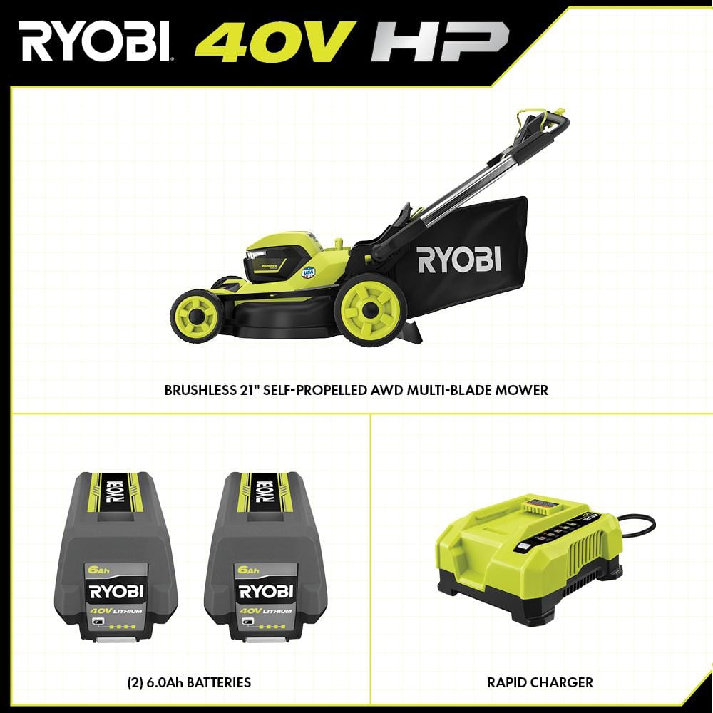 RYOBI 40V HP Brushless Whisper Series 21. in Walk Behind Self-Propelled All Wheel Drive Mower - (2) 6.0 Ah Batteries & Charger