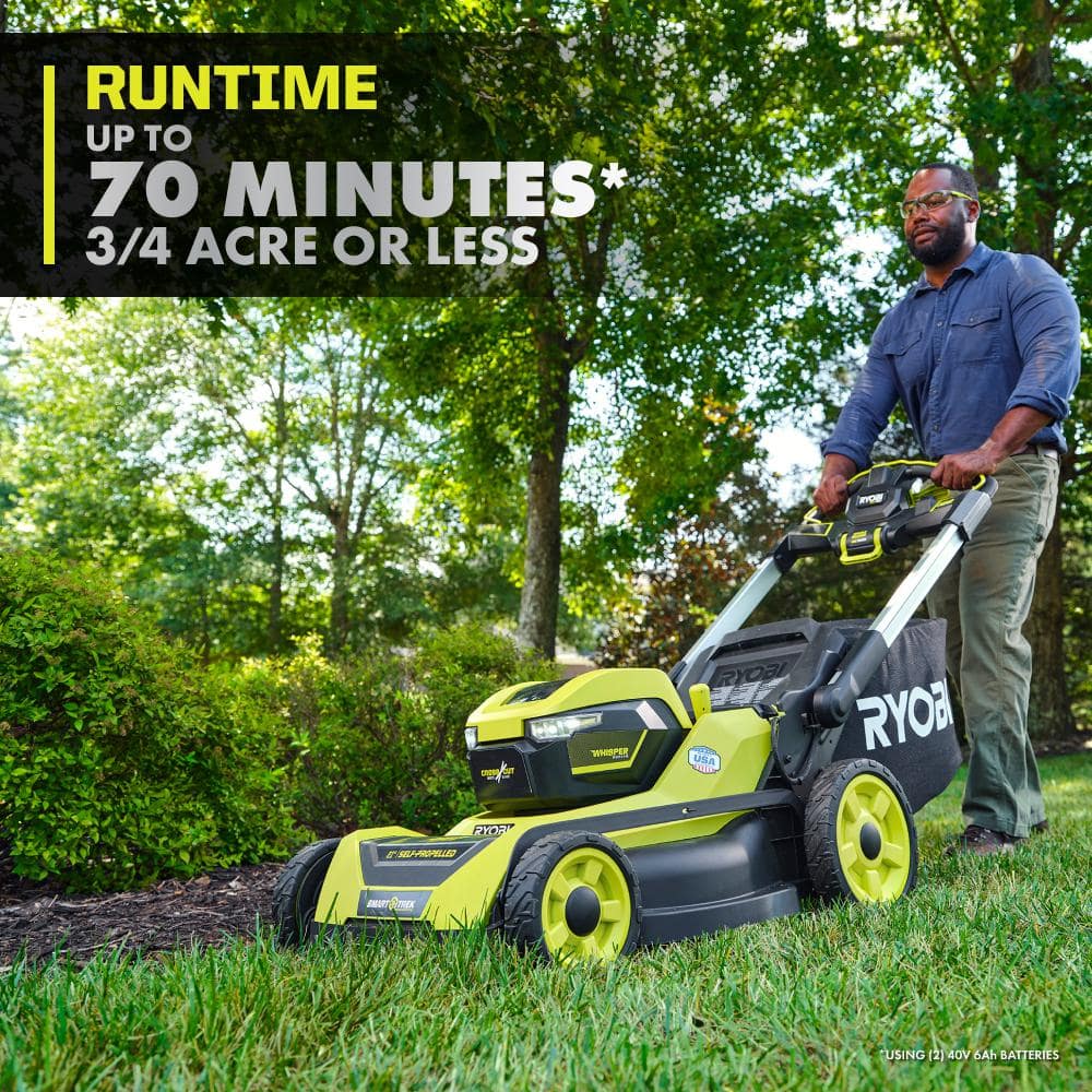 RYOBI 40V HP Brushless Whisper Series 21. in Walk Behind Self-Propelled All Wheel Drive Mower - (2) 6.0 Ah Batteries & Charger